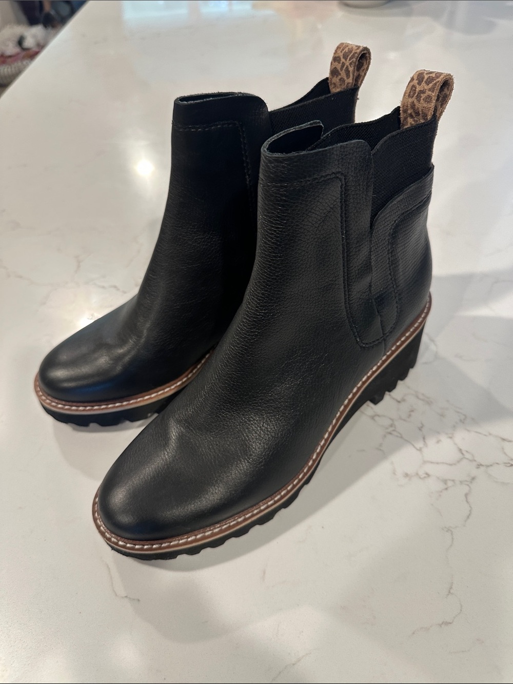 Dolce Vita Black Leather Chelsea Boots with Leopard-Print Pull Tabs